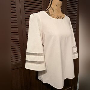 Elegant White Women's Top with Sheer Bell Sleeve Accents